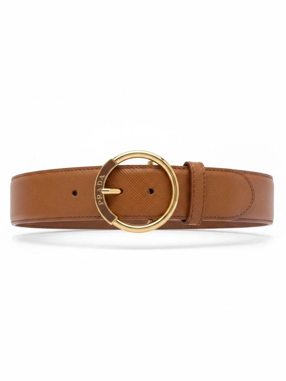 Prada Tan Saffiano Leather Belt with Gold Round Logo Buckle